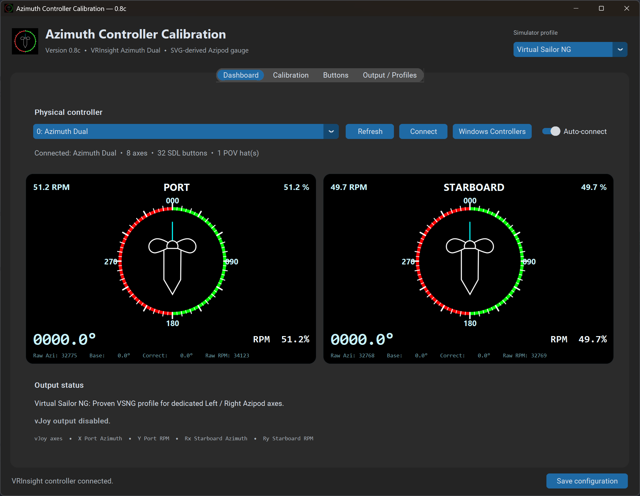 Azimuth Controller Calibrator dashboard showing port and starboard azimuth gauges
